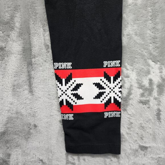 PINK Victoria's Secret Yoga Pants Womens S Black Red White Fair Isle Snowflake - Picture 2 of 9